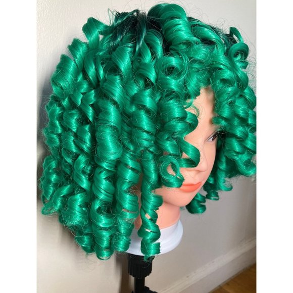 Short Curly Black/Green Wig With Bangs - Picture 4 of 10